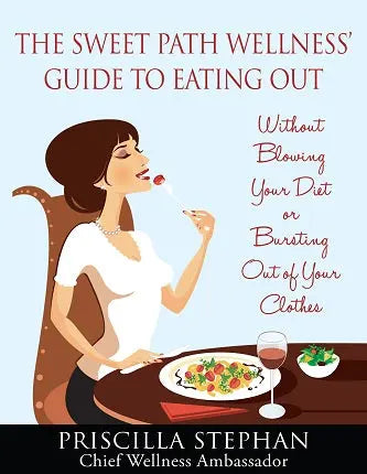 Illustration of a woman dining at a table, with headline ‘The Sweet Path Wellness Guide to Eating Out’