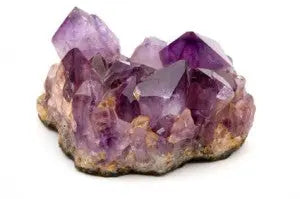 Front view of amethyst crystal cluster showcasing purple pointed crystals and sparkling druzy base on white background