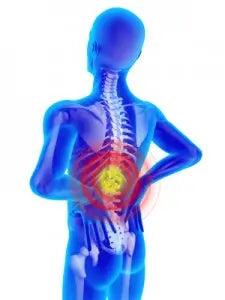 Blue translucent human figure holding lower back with highlighted lumbar spine and bright yellow-red pain area