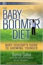 Front cover of The Baby Boomer Diet by Donna Gates showing large title text, subtitle Body Ecology’s Guide to Growing Younger, and a sunny hill background