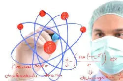 Person in surgical cap and mask drawing an atomic model and formulas on a transparent board, suggesting medical research into FIR therapy