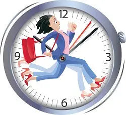 Woman running with a briefcase inside a clock face illustrating feeling rushed and stressed