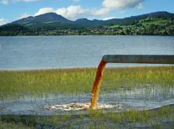 Rust-colored wastewater pouring from a metal pipe into a marshy lake with distant green hills, showing heavy metal pollution