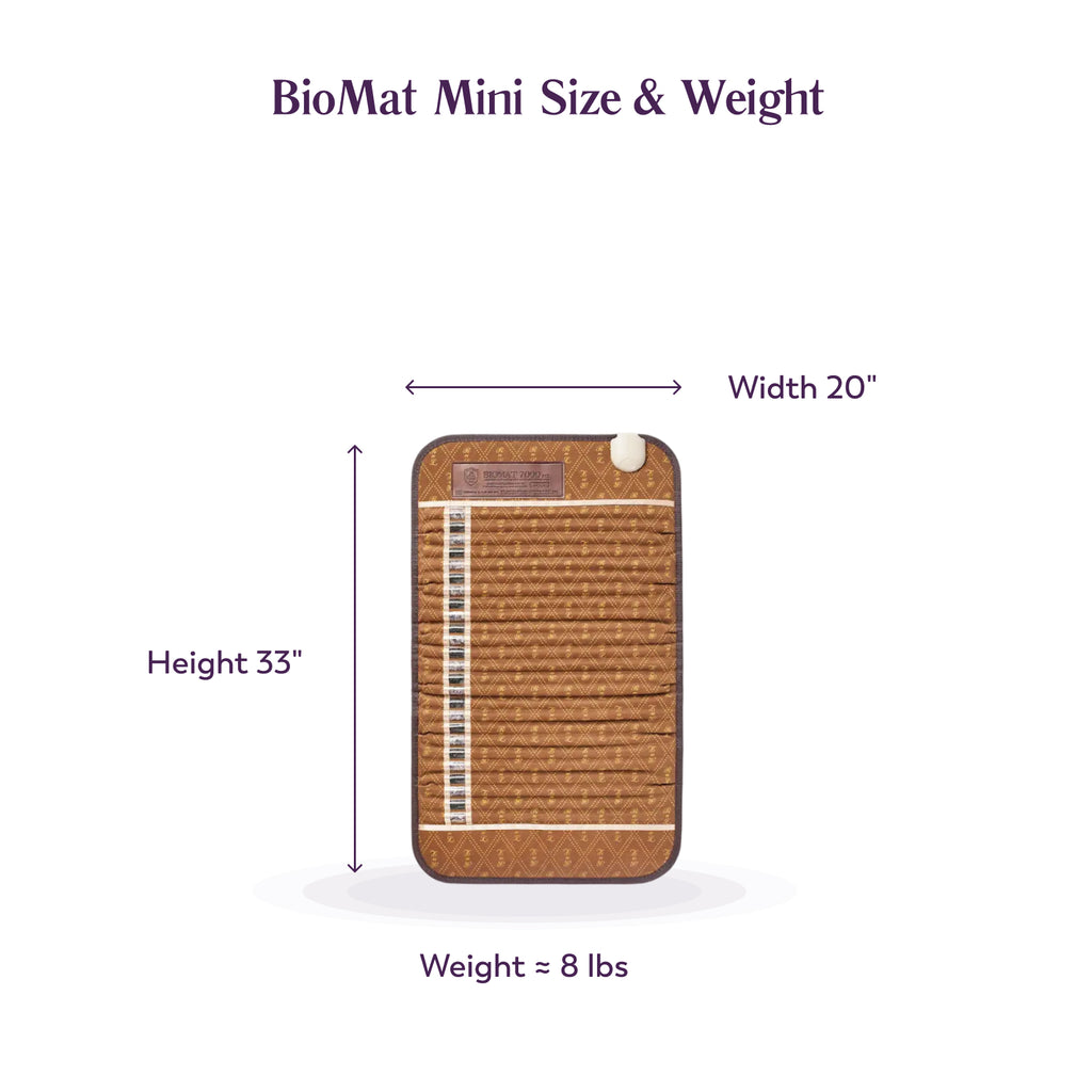 Diagram showing BioMat Mini dimensions and weight: 33 inches tall, 20 inches wide, weight approximately 8 pounds