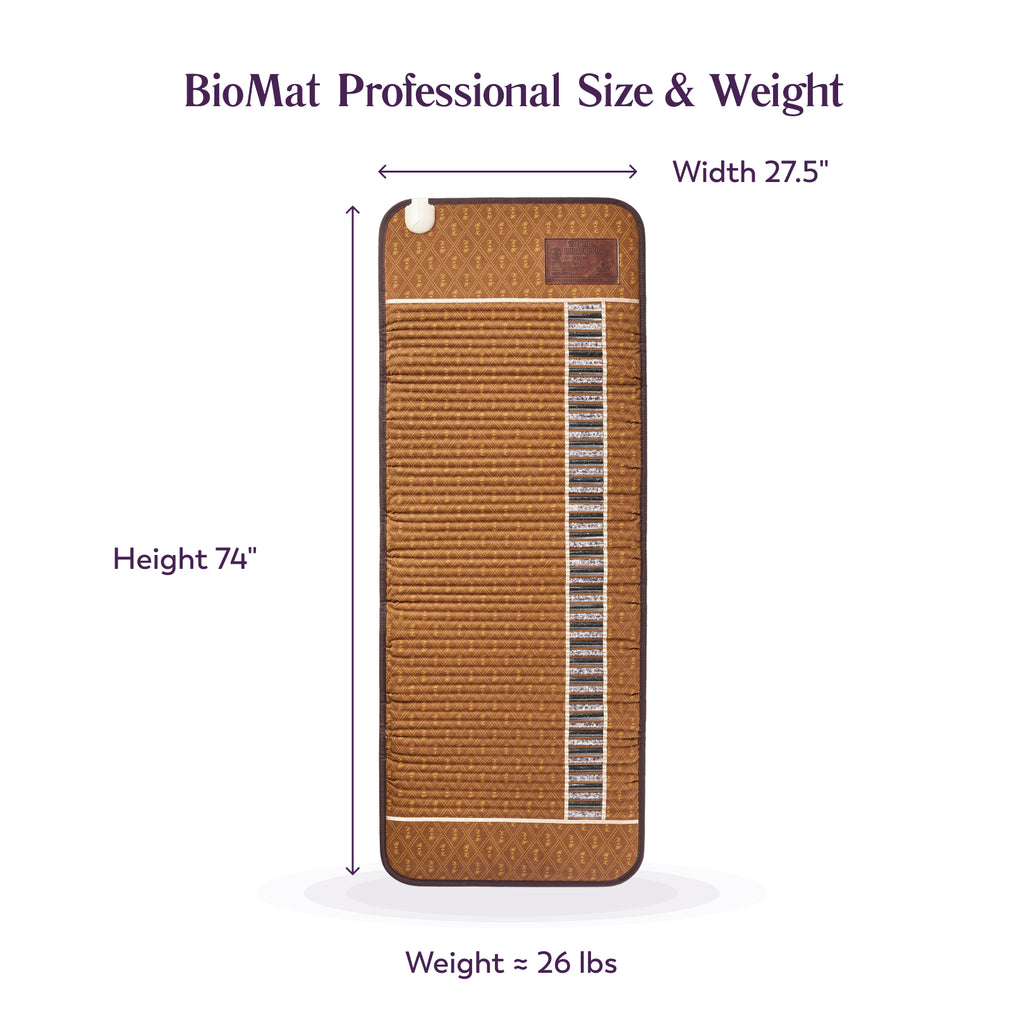Infographic showing BioMat Professional dimensions and weight: width 27.5 in, height 74 in, weight approximately 26 lbs